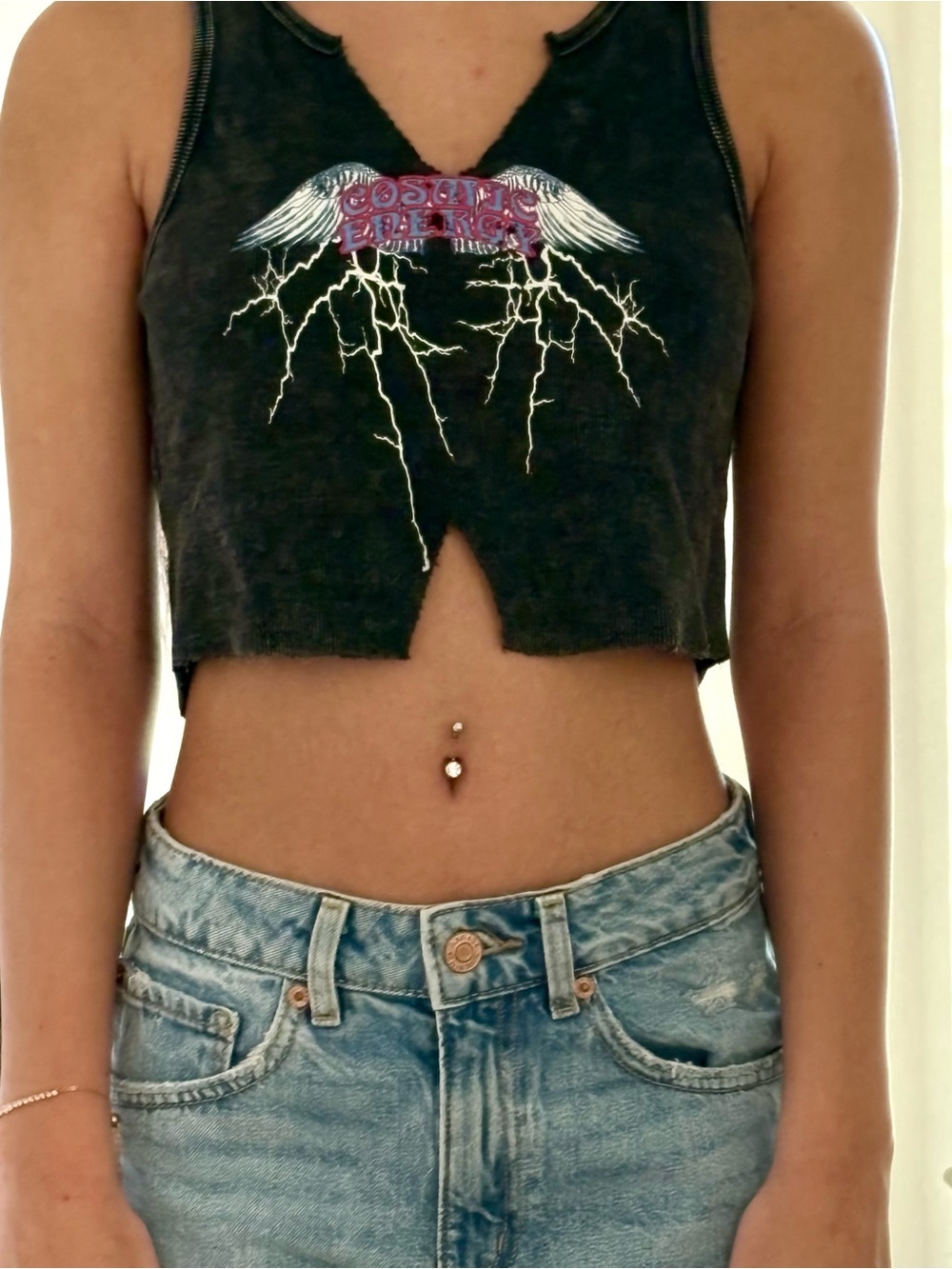 Forever 21 Black Cropped Graphic Tank with Lightning Wing Print